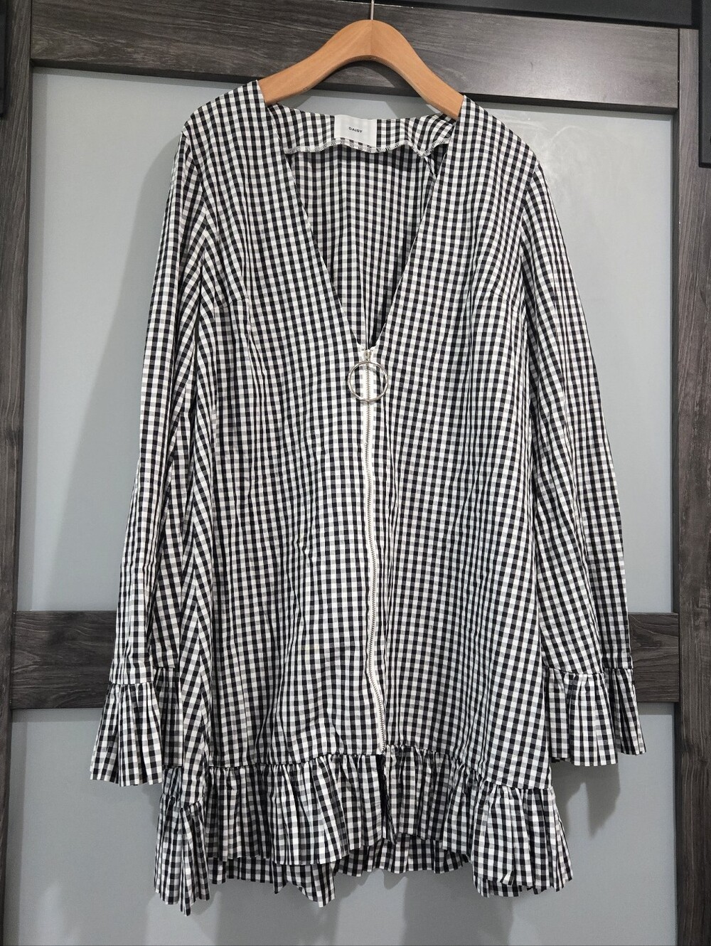 Daisy Limited Gingham Zipper Pull Long Ruffle Sleeve Mini Dress 100% Cotton